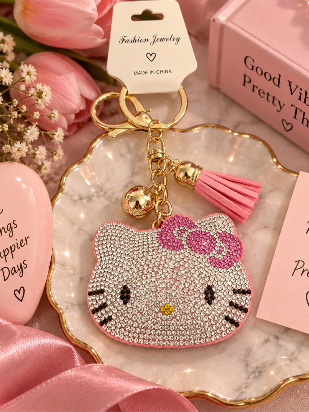 Crystal Hello Kitty Pink Tassel Keychain